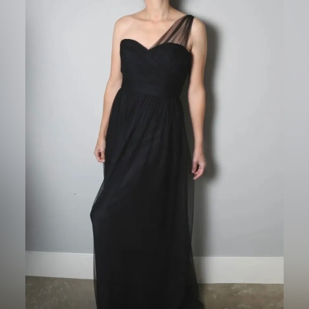 Amsale Black Tule Mesh One Shoulder Evening Formal Gown Maxi Dress Sz 2 Prom
